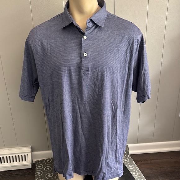 Peter Millar navy/white narrow stripe 3 button placket short sleeve polo shirt. - Picture 2 of 6
